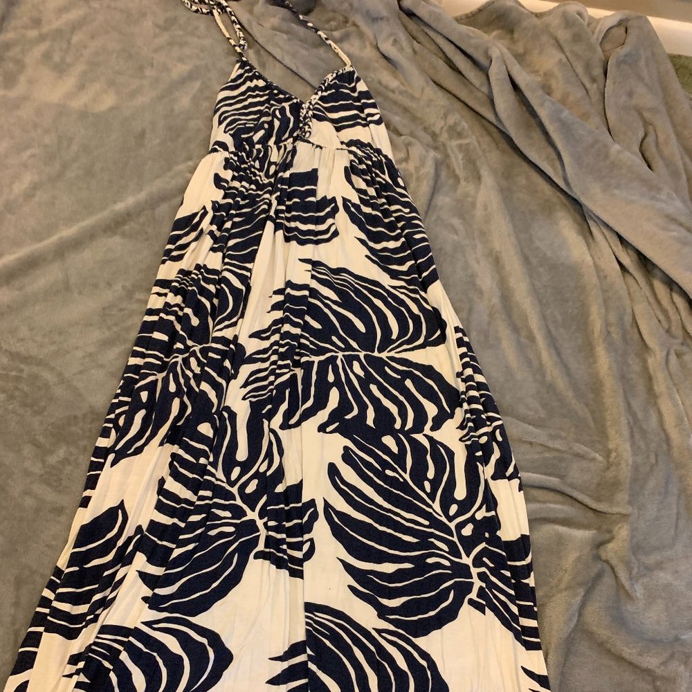 Navy and White Tropical Maxi Dress